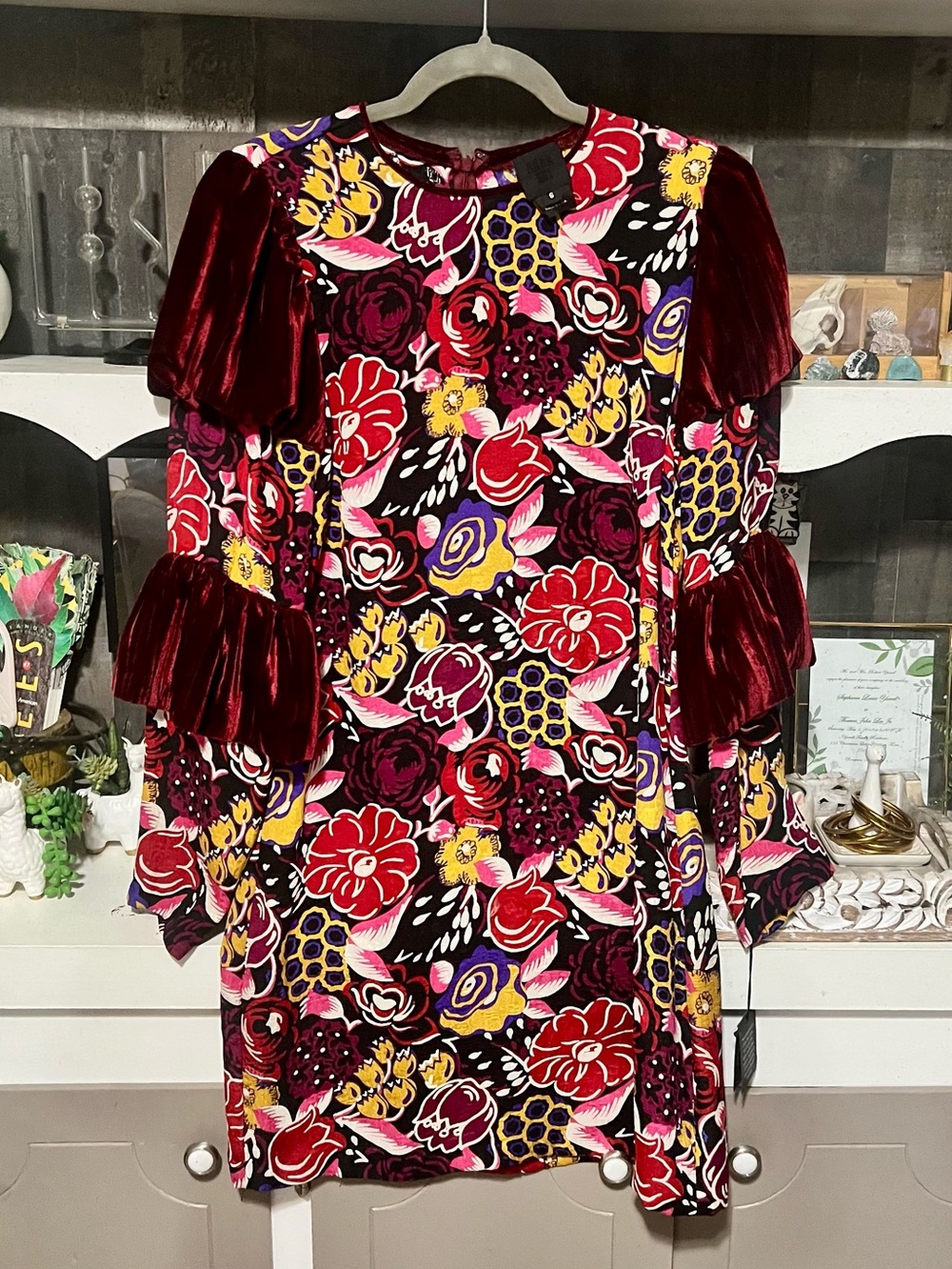 Anna Sui Floral Print Dress with Velvet Ruffles Size 6 Tags Attached